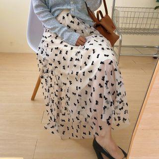 Bow Print Mesh Midi A-line Skirt Beige Almond - One Size