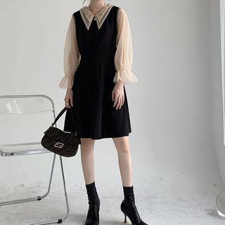 Long-sleeve Pointed Collar Mesh A-line Dress