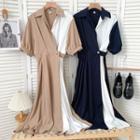 Colorblock Puff-sleeve Maxi Dress