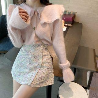 Collared Flared-cuff Cardigan / Tweed A-line Skirt