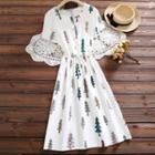 Short-sleeve Drawstring Tree Printed A-line Dress