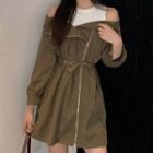 Off-shoulder Mock Two-piece Zip Shirtdress As Shown In Figure - One Size
