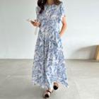 Petal-sleeve Pleated Print Maxi Dress