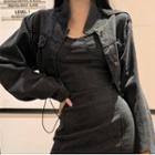 Cropped Denim Jacket / Spaghetti Strap Mini Bodycon Dress