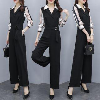 Mock Two-piece Long-sleeve Wide-leg Jumpsuit