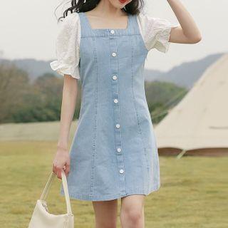 Short-sleeve Denim Panel Button-up Mini Dress Denim Blue & White - One Size