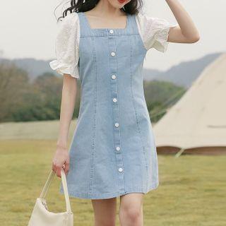 Short-sleeve Denim Panel Button-up Mini Dress Denim Blue & White - One Size