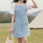 Short-sleeve Denim Panel Button-up Mini Dress Denim Blue & White - One Size