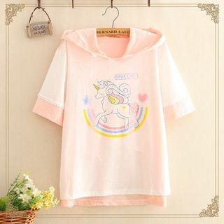 Hooded Printed Short-sleeve T-shirt As Shown In Figure - One Size