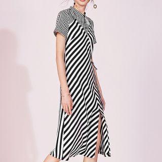 Striped Sequined Short Sleeve Midi Dress