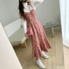 Set: Floral Long Pinafore Dress + Turtleneck Knit Top