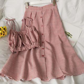 Set: Checker Elastic Crop Top + Button-up Midi Skirt In 5 Colors