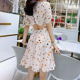Printed Short-sleeve Cut-out A-line Dress