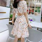 Printed Short-sleeve Cut-out A-line Dress