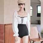 Set: Long-sleeve Two Tone Swimsuit + Cover-up
