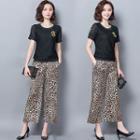 Set: Lace Short-sleeve Top + Leopard Pattern Cropped Wide-leg Pants