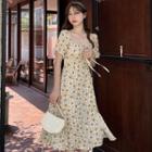 Short-sleeve Floral Drawstring Dress / Spaghetti Strap Side-slit Floral Mini Dress / Light Cardigan