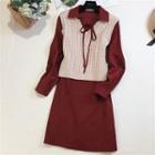 Set: Cable Knit Vest +tie-neck Long-sleeve A-line Dress