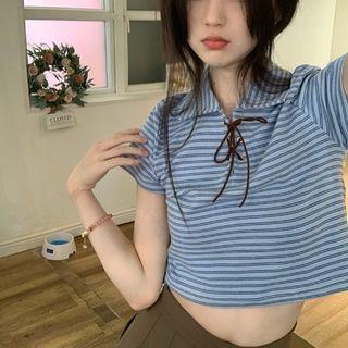 Short-sleeve Collar Striped Lace Up Cropped T-shirt