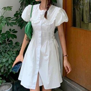 Puff-sleeve Ruffle Trim Lace-up A-line Dress