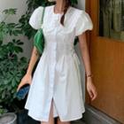 Puff-sleeve Ruffle Trim Lace-up A-line Dress