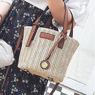 Set: Woven Top Handle Bucket Bag + Drawstring Pouch