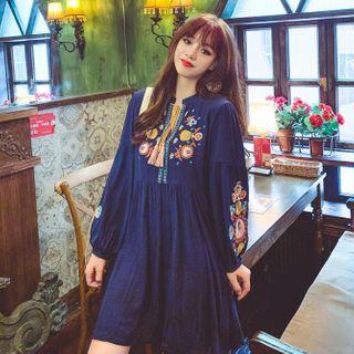 Embroidered Lantern-sleeve Shift Dress
