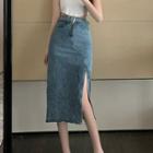 Slit-hem Denim Midi A-line Skirt