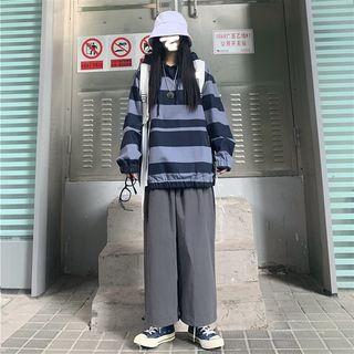Wide-stripe Hooded Sweatshirt / Straight-cut Pants / Set