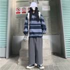 Wide-stripe Hooded Sweatshirt / Straight-cut Pants / Set