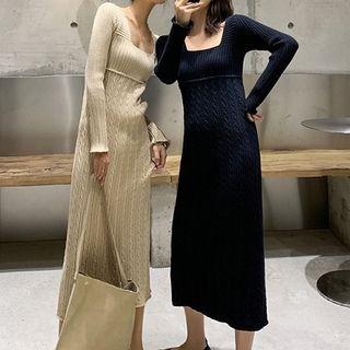Square-neck Long-sleeve Midi Knit Dress