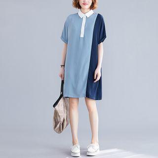 Color Panel Short-sleeve Mini Polo Shirt Dress