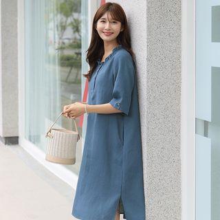 Frilled-neck Button-trim Midi Shift Dress
