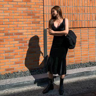 Spaghetti-strap Lace-detail Velvet Dress Black - One Size
