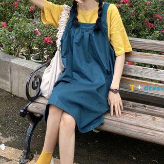 Elbow-sleeve T-shirt / A-line Pinafore Dress