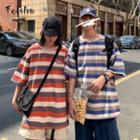 Couple Matching Elbow Sleeve Striped T-shirt