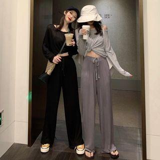Long-sleeve Twisted T-shirt / Drawstring Plain Pants