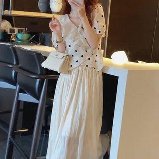 Puff-sleeve Dotted Blouse / Midi A-line Skirt / Set