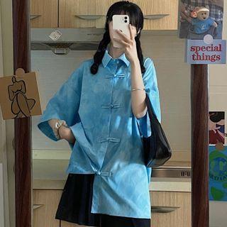Elbow-sleeve Frog-buttoned Shirt Blue - One Size