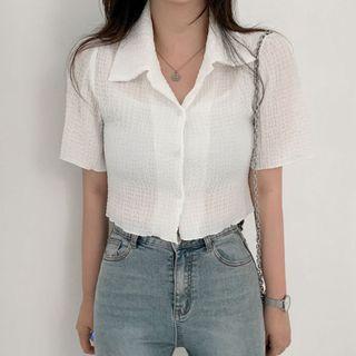 Elbow-sleeve Collar Button-up Top