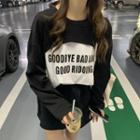 Mock Two-piece Long-sleeve Lettering Print T-shirt Black - One Size