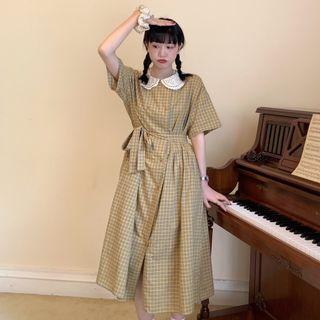 Elbow-sleeve Double-breasted Plaid Midi A-line Dress Yellow - One Size