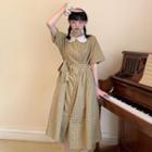 Elbow-sleeve Double-breasted Plaid Midi A-line Dress Yellow - One Size