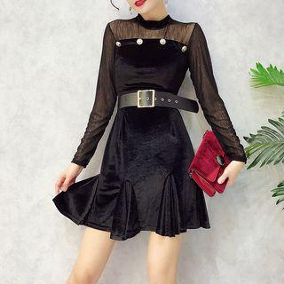 Mesh Panel Long-sleeve Godet Velvet Dress