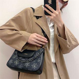Floral Print Chained Crossbody Bag Blue - One Size