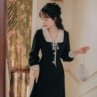 Puff-sleeve Ruffle Trim Midi A-line Dress
