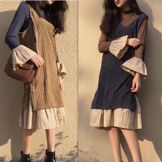 Set: Corduroy Long Vest + Mock-neck Long-sleeve A-line Dress