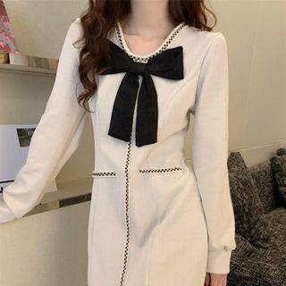 Contrast Trim Bow Pocket-detail Long-sleeve Dress