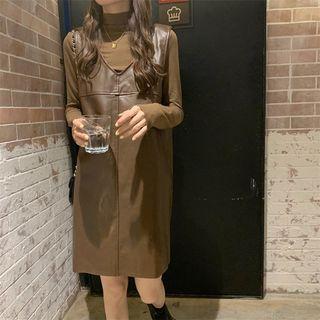 Plain Long-sleeve Top / Faux-leather Pinafore Dress