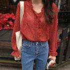 Floral Print Ruffled Blouse Red - One Size